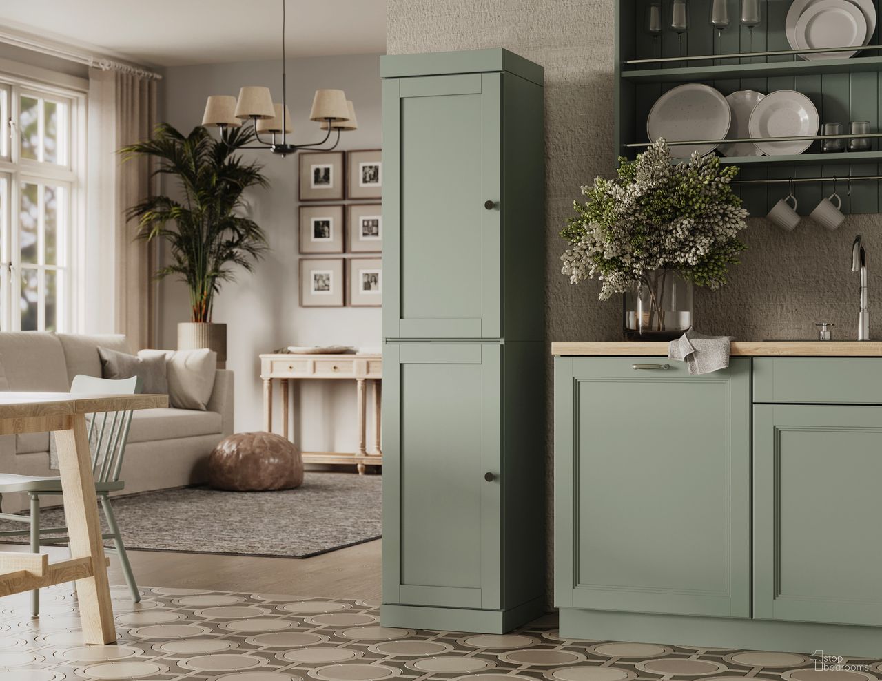Solid Wood 16.5" Pantry Cabinet With Shaker Doors And Adjustable Shelves In Sage
