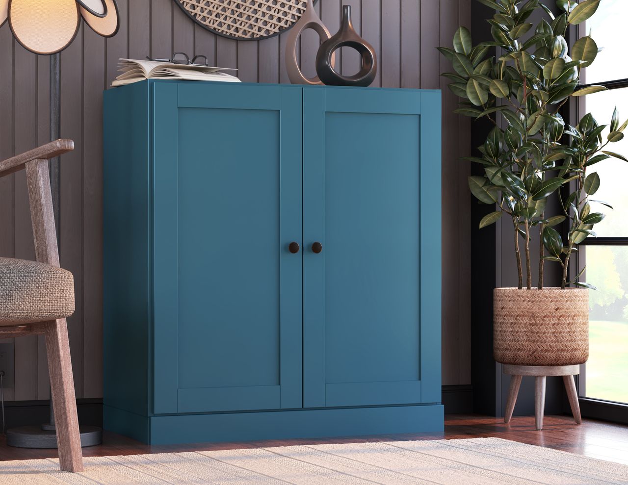 Solid Wood 3-Shelf Bookcase With Shaker Doors And Adjustable Shelves In Teal Blue