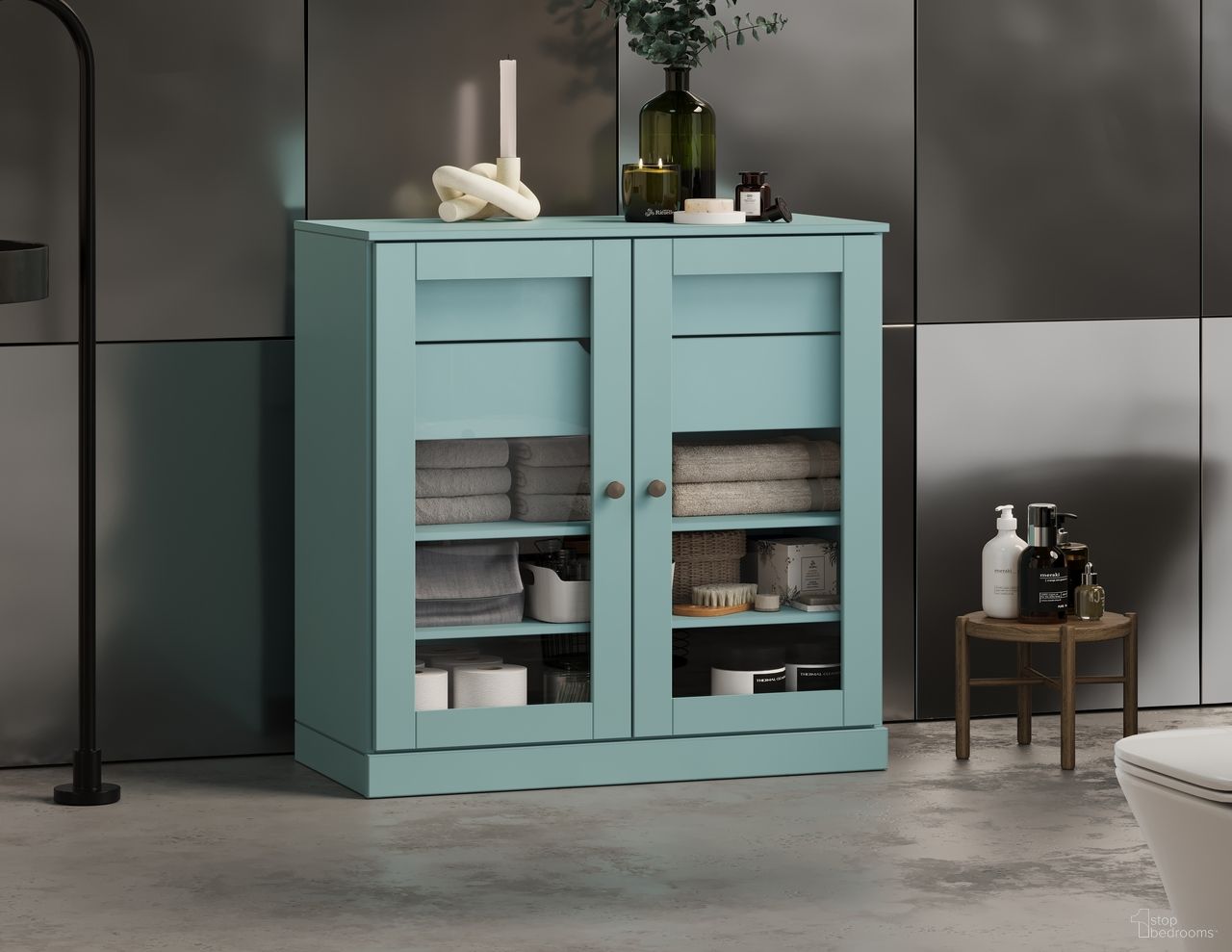 Solid Wood 32" Bathroom Storage Cabinet With Clear Glass Doors And 2-Drawers In Aqua