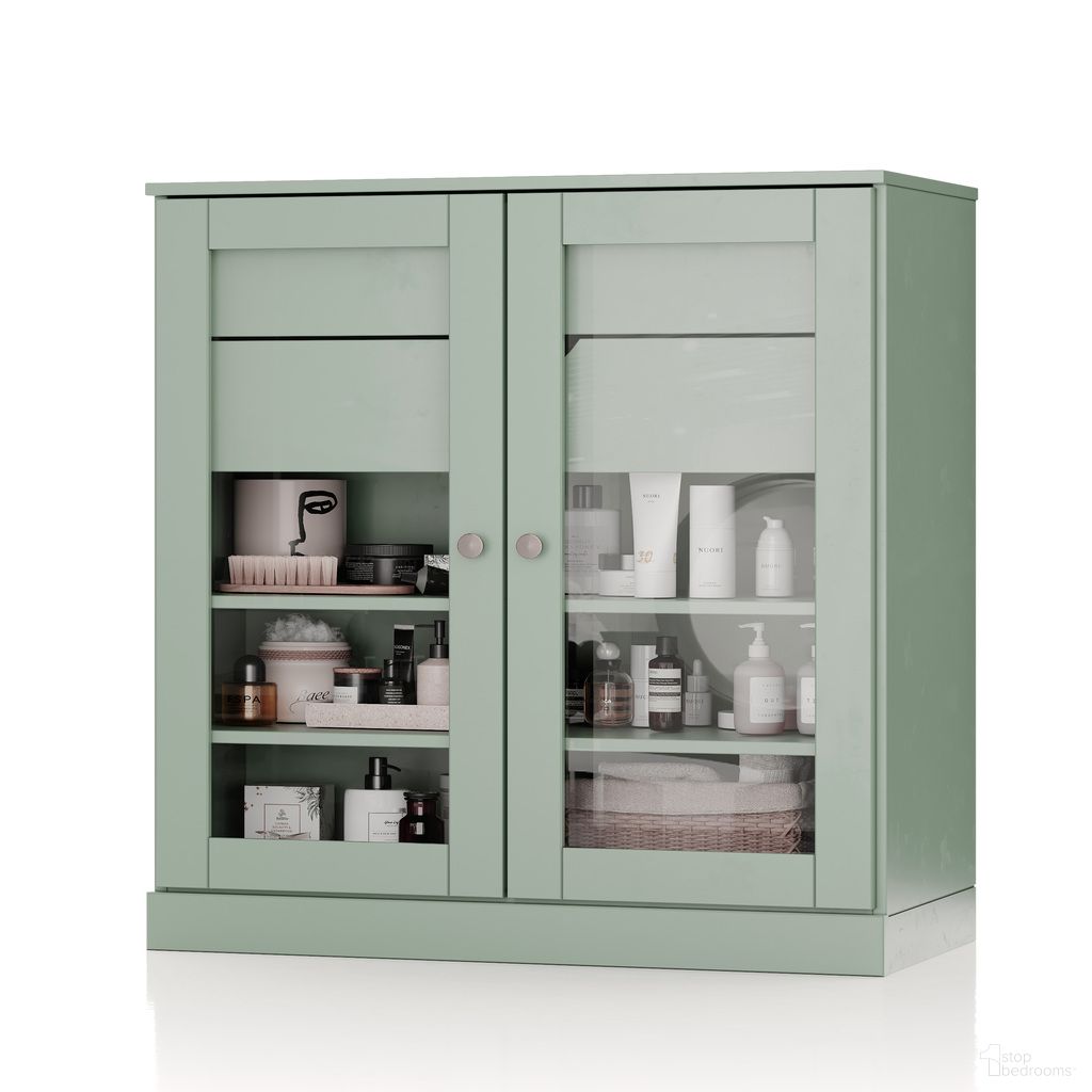 Solid Wood 32" Bathroom Storage Cabinet With Clear Glass Doors And 2-Drawers In Sage