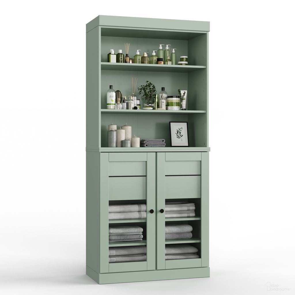 Solid Wood 32" Bathroom Storage Cabinet With Clear Glass Doors And 2-Drawers In Sage