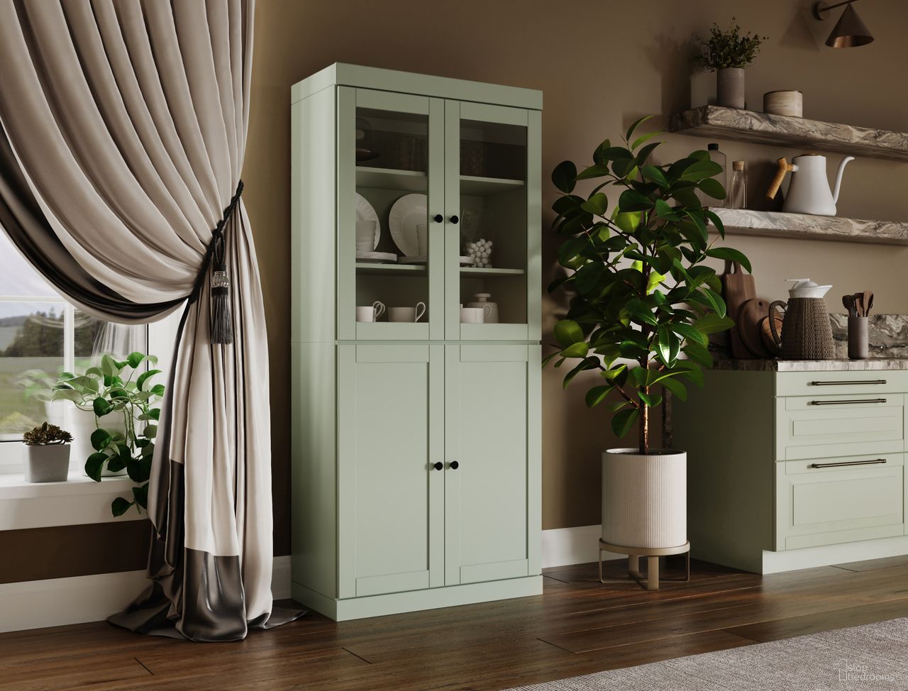 The appearance of Solid Wood 32" Pantry Cabinet With Clear Glass And Shaker Doors In Sage designed by Palace Imports in the modern / contemporary interior design. This sage piece of furniture was selected by 1StopBedrooms from to add a touch of cosiness and style into your home. Sku: 325-13. Material: Solid Pine Wood.