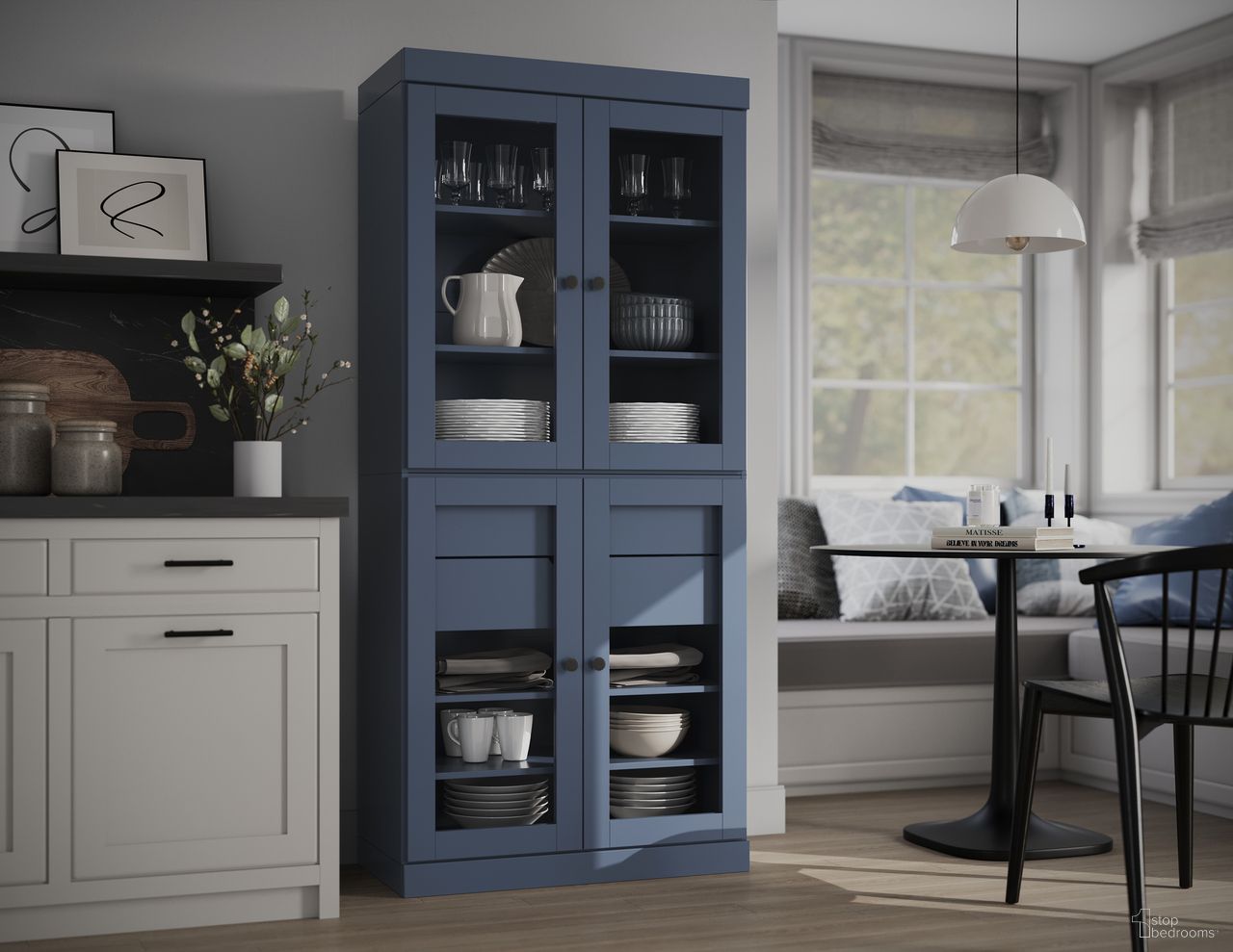 The appearance of Solid Wood 32" Pantry Cabinet With Clear Glass Doors And 2-Drawers In Antique Blue designed by Palace Imports in the modern / contemporary interior design. This antique blue piece of furniture was selected by 1StopBedrooms from to add a touch of cosiness and style into your home. Sku: 944-16. Material: Solid Pine Wood.