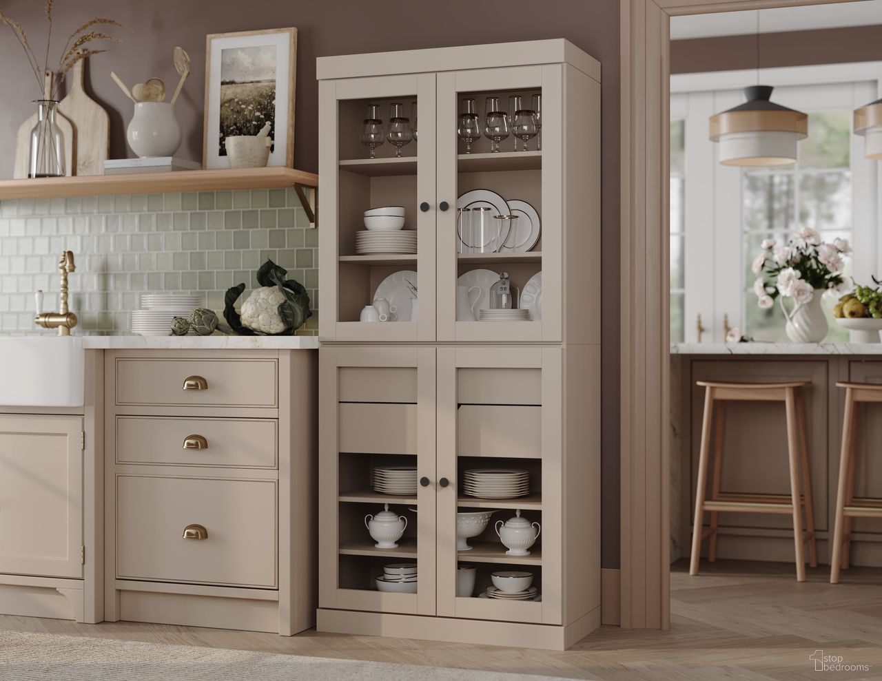The appearance of Solid Wood 32" Pantry Cabinet With Clear Glass Doors And 2-Drawers In Beige designed by Palace Imports in the modern / contemporary interior design. This beige piece of furniture was selected by 1StopBedrooms from to add a touch of cosiness and style into your home. Sku: 944-14. Material: Solid Pine Wood.