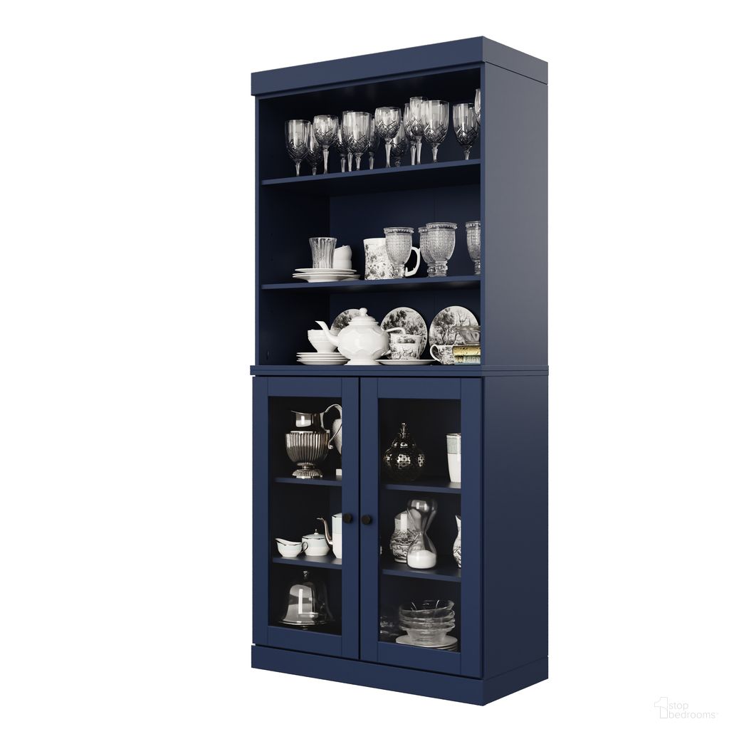 Solid Wood 32" Pantry Cabinet With Clear Glass Doors And Adjustable Shelves In Navy Blue