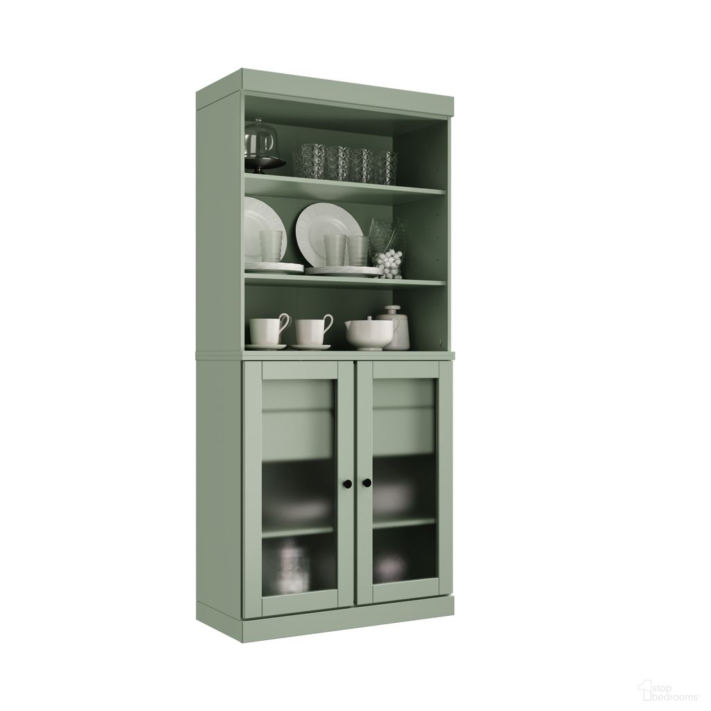 Solid Wood 32" Pantry Cabinet With Frosted Glass Doors And 2-Drawers In Sage