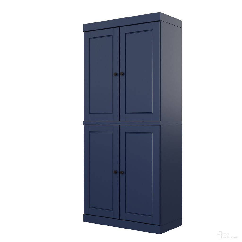 Solid Wood 32" Pantry Cabinet With Raised Panel Doors And 2-Drawers In Navy Blue