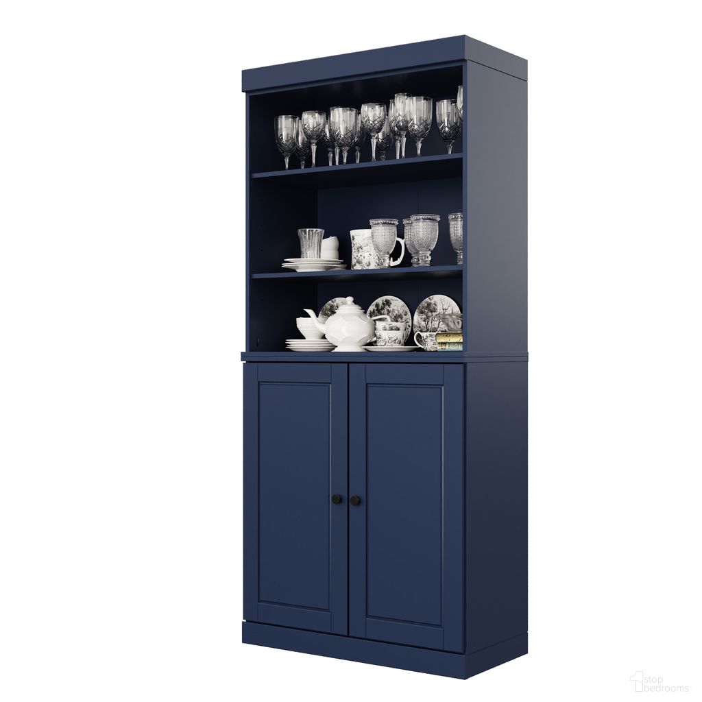 Solid Wood 32" Pantry Cabinet With Raised Panel Doors And 2-Drawers In Navy Blue
