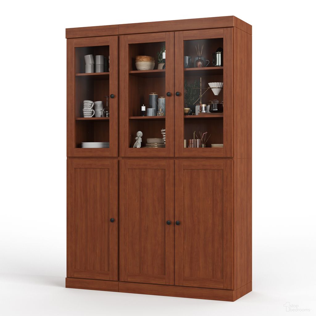 Solid Wood 48.5" Pantry Cabinet With Clear Glass And 2-Drawers In Mocha