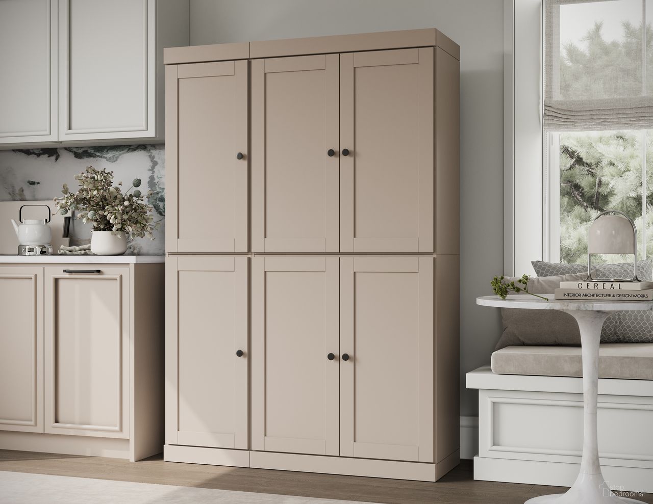 The appearance of Solid Wood 48.5" Pantry Cabinet With Shaker Doors And Adjustable Shelves In Beige designed by Palace Imports in the modern / contemporary interior design. This beige piece of furniture was selected by 1StopBedrooms from to add a touch of cosiness and style into your home. Sku: 329-14. Material: Solid Pine Wood.