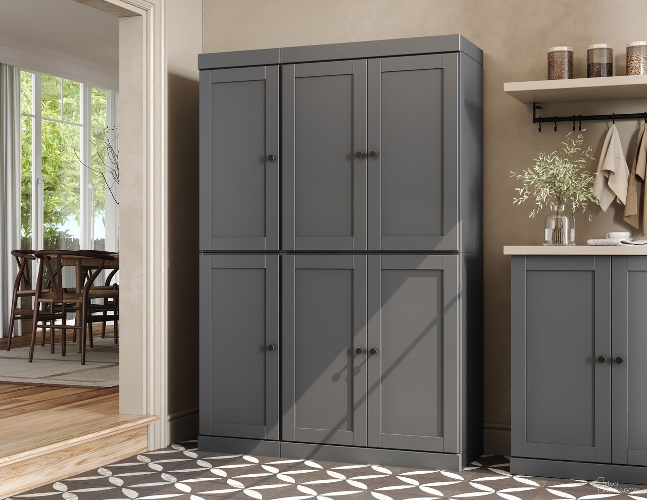 The appearance of Solid Wood 48.5" Pantry Cabinet With Shaker Doors And Adjustable Shelves In Gray designed by Palace Imports in the modern / contemporary interior design. This gray piece of furniture was selected by 1StopBedrooms from to add a touch of cosiness and style into your home. Sku: 3295. Material: Solid Pine Wood.