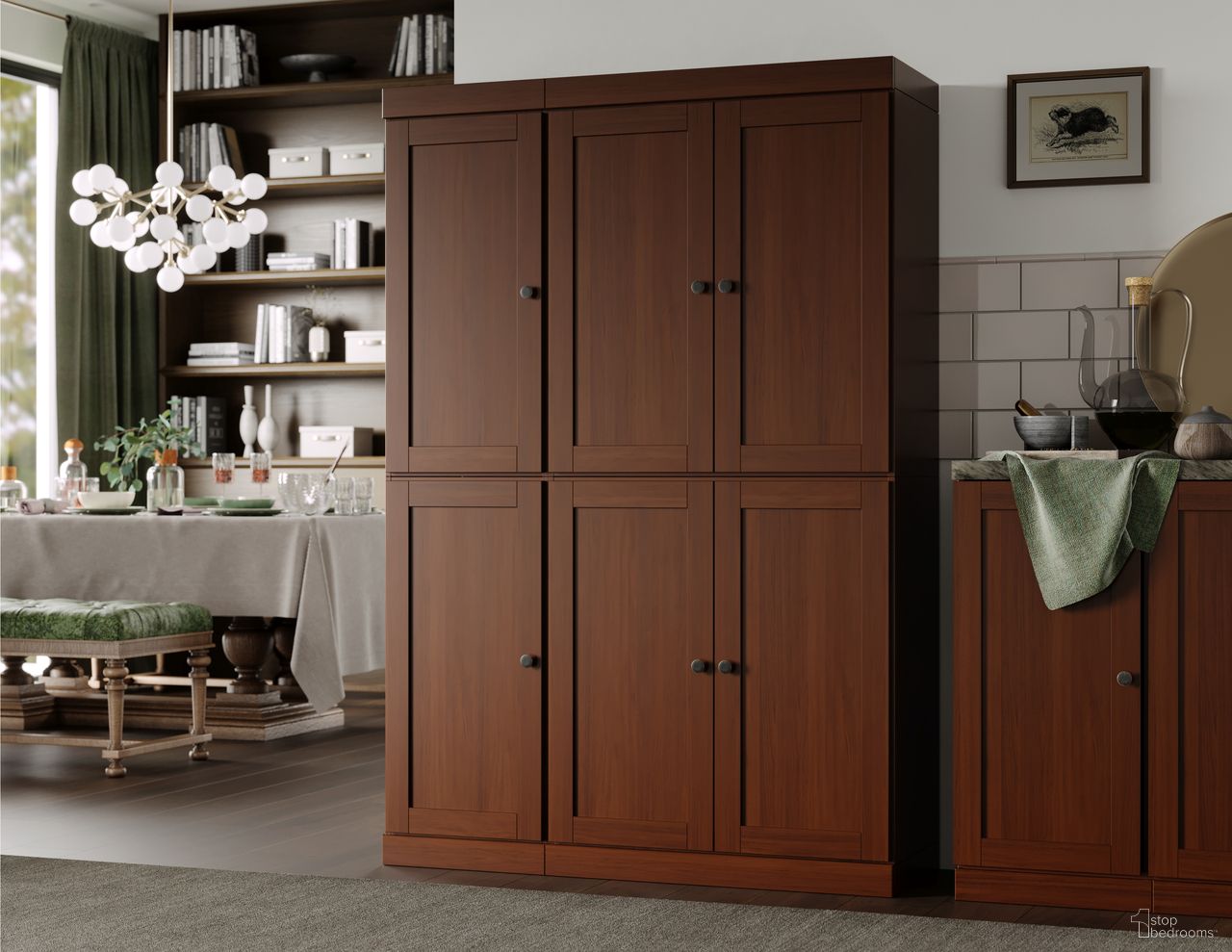 The appearance of Solid Wood 48.5" Pantry Cabinet With Shaker Doors And Adjustable Shelves In Mocha designed by Palace Imports in the modern / contemporary interior design. This mocha piece of furniture  was selected by 1StopBedrooms from  to add a touch of cosiness and style into your home. Sku: 3293. Material: Solid Pine Wood.