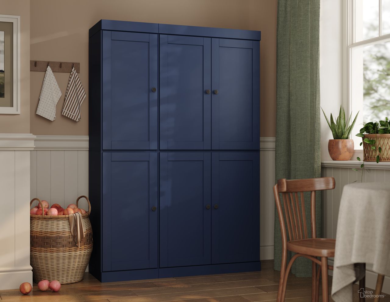 Solid Wood 48.5" Pantry Cabinet With Shaker Doors And Adjustable Shelves In Navy Blue