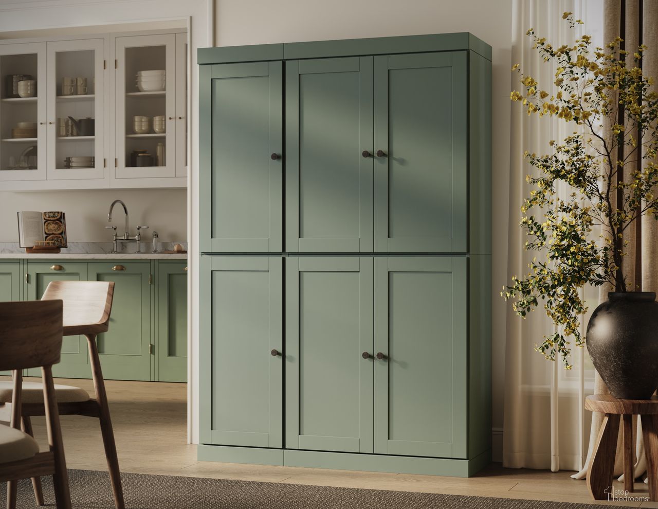 Solid Wood 48.5" Pantry Cabinet With Shaker Doors And Adjustable Shelves In Sage