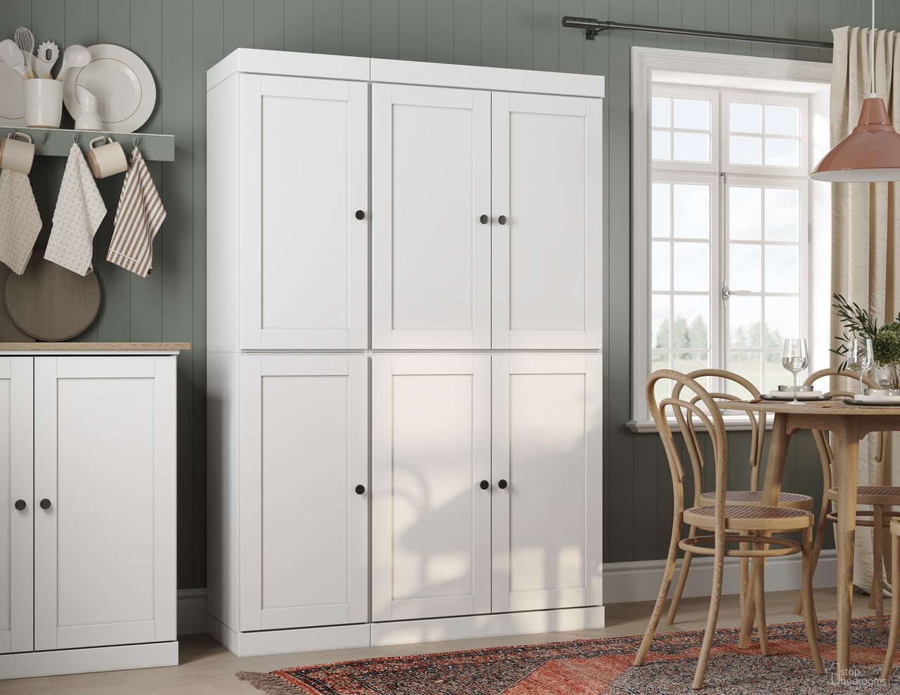 The appearance of Solid Wood 48.5" Pantry Cabinet With Shaker Doors And Adjustable Shelves In White designed by Palace Imports in the modern / contemporary interior design. This white piece of furniture was selected by 1StopBedrooms from to add a touch of cosiness and style into your home. Sku: 3291. Material: Solid Pine Wood.