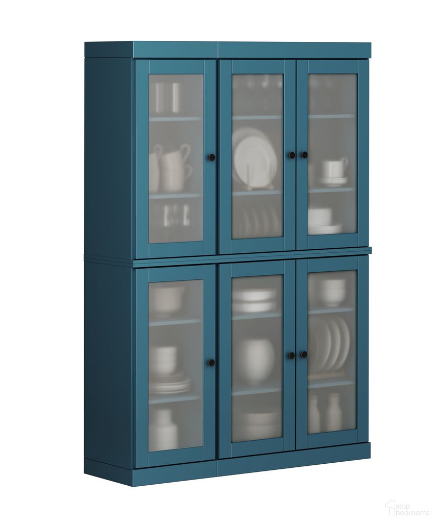 Solid Wood 48.5" Pantry China Cabinet With Frosted Glass Doors And Adjustable Shelves In Teal Blue