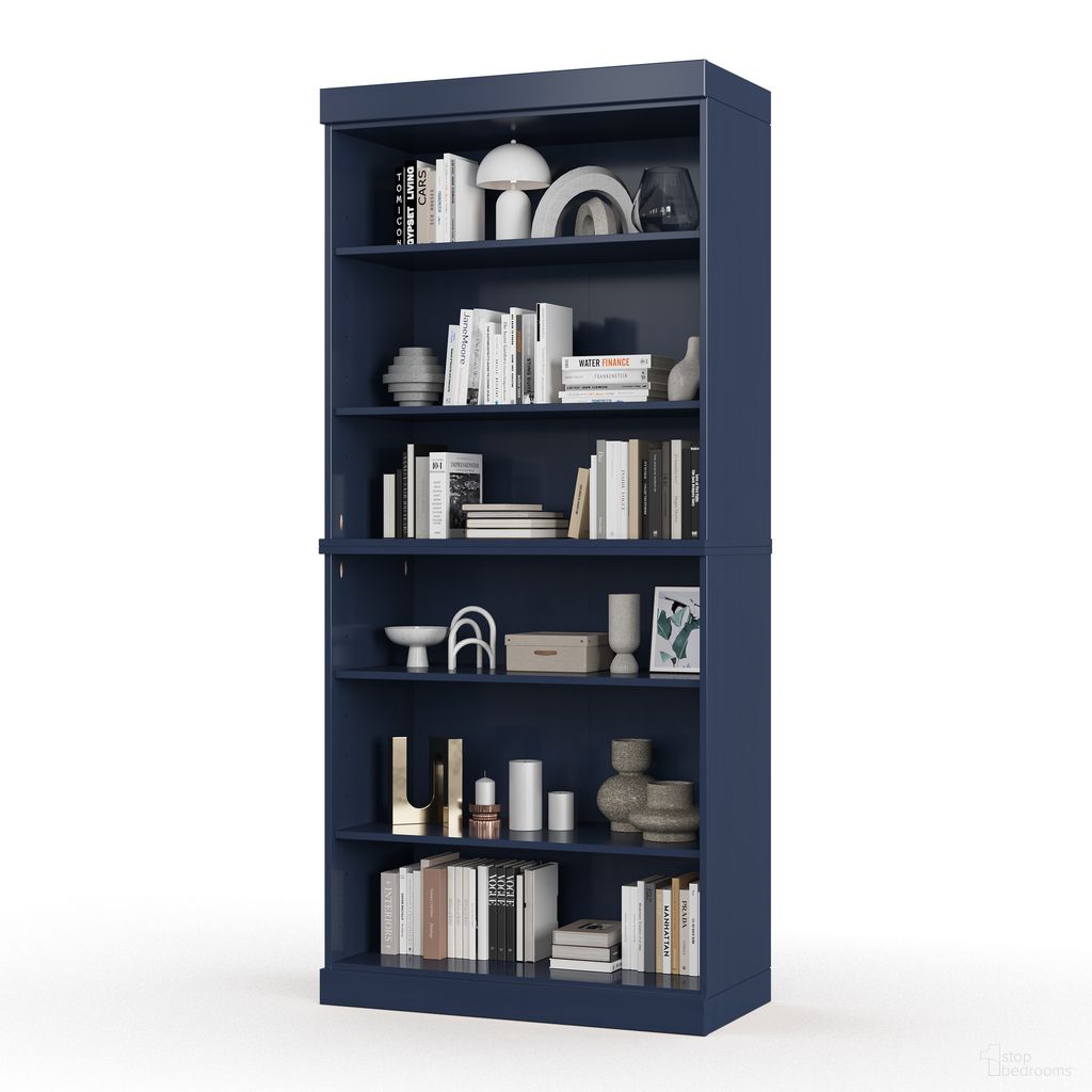 Solid Wood 6-Shelf Bookcase With Adjustable Shelves In Navy Blue
