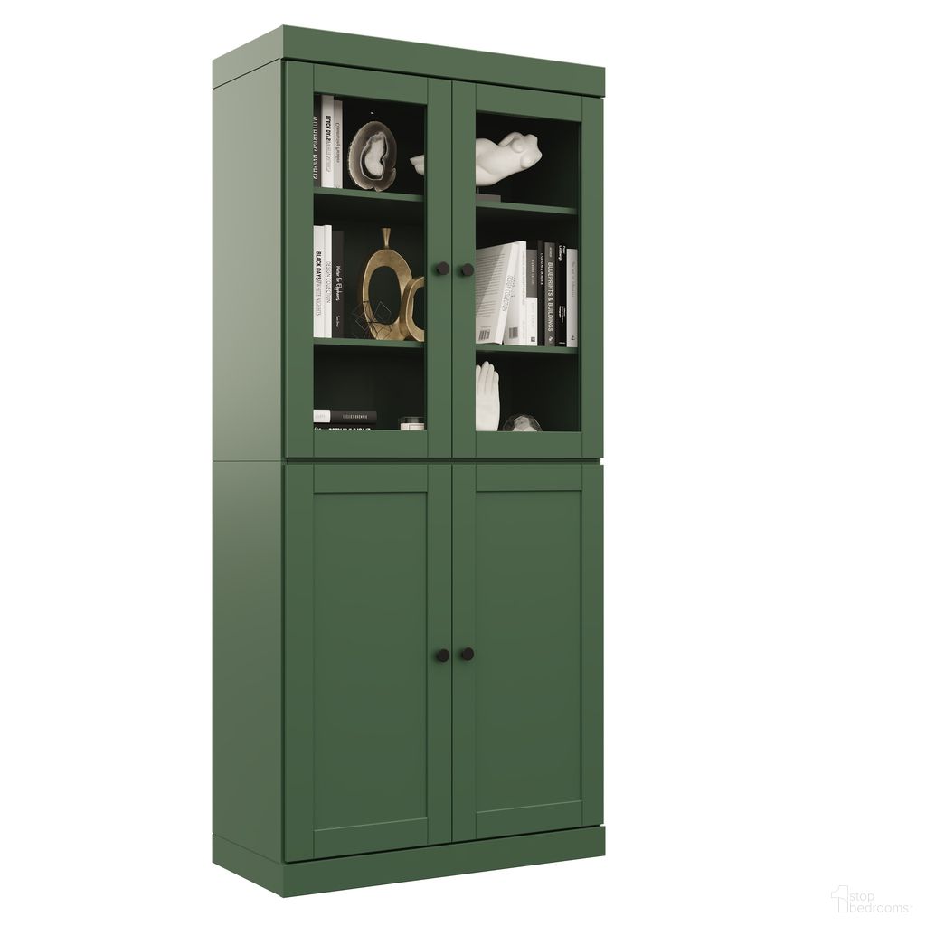 Solid Wood 6-Shelf Bookcase With Clear Glass And Shaker Doors In Green