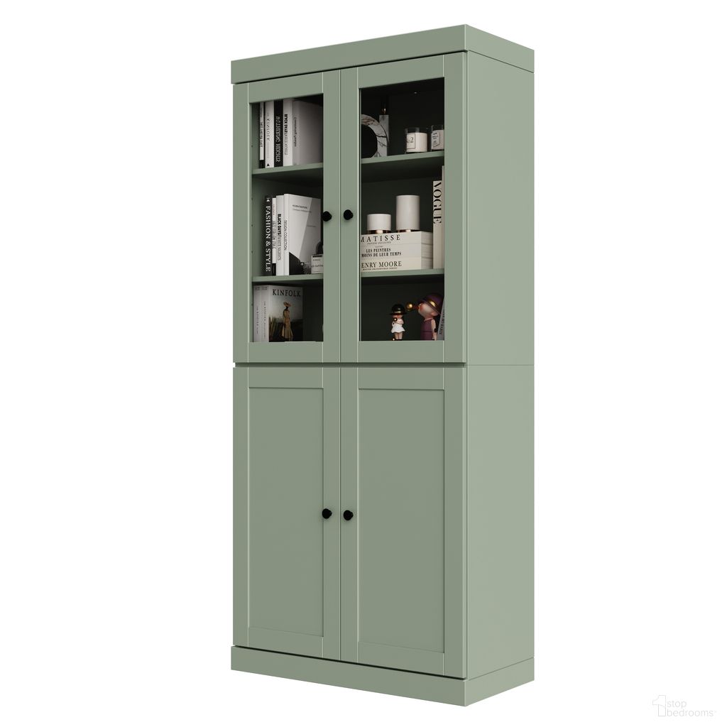 Solid Wood 6-Shelf Bookcase With Clear Glass And Shaker Doors In Sage