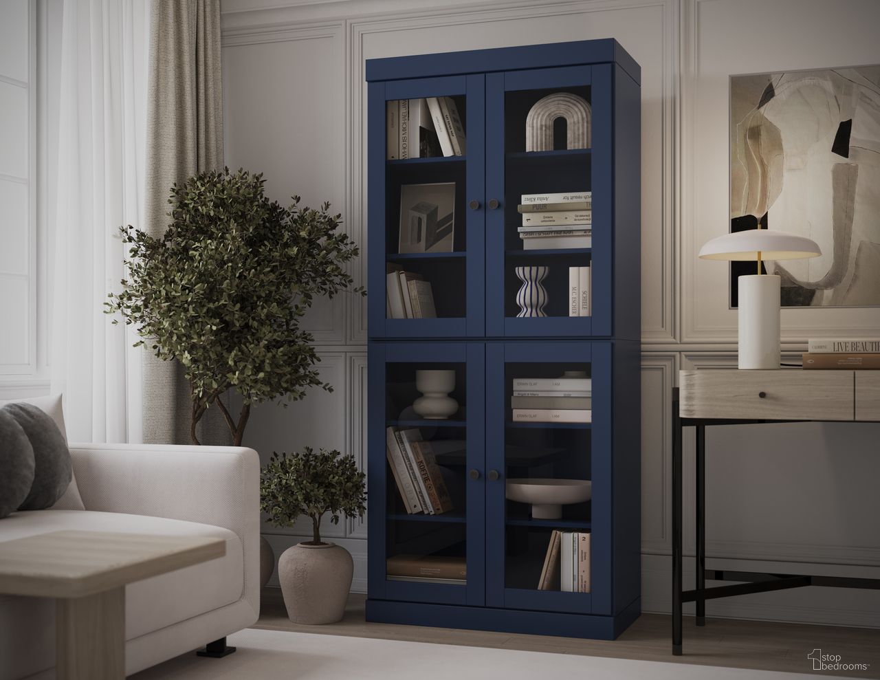 The appearance of Solid Wood 6-Shelf Bookcase With Clear Glass Doors And Adjustable Shelves In Navy Blue designed by Palace Imports in the modern / contemporary interior design. This navy blue piece of furniture was selected by 1StopBedrooms from to add a touch of cosiness and style into your home. Sku: 988-15. Material: Solid Pine Wood.