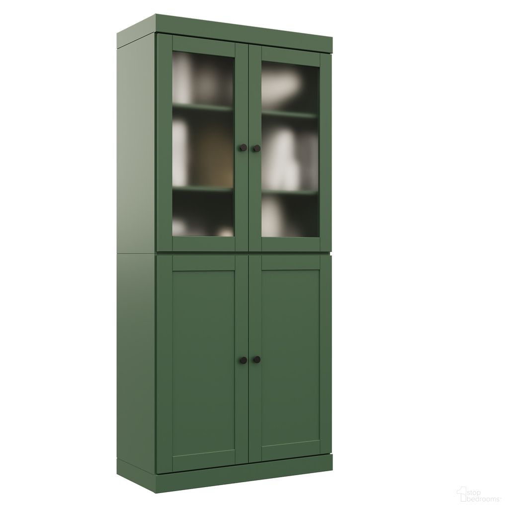 Solid Wood 6-Shelf Bookcase With Frosted Glass And Shaker Doors And Adjustable Shelves In Green