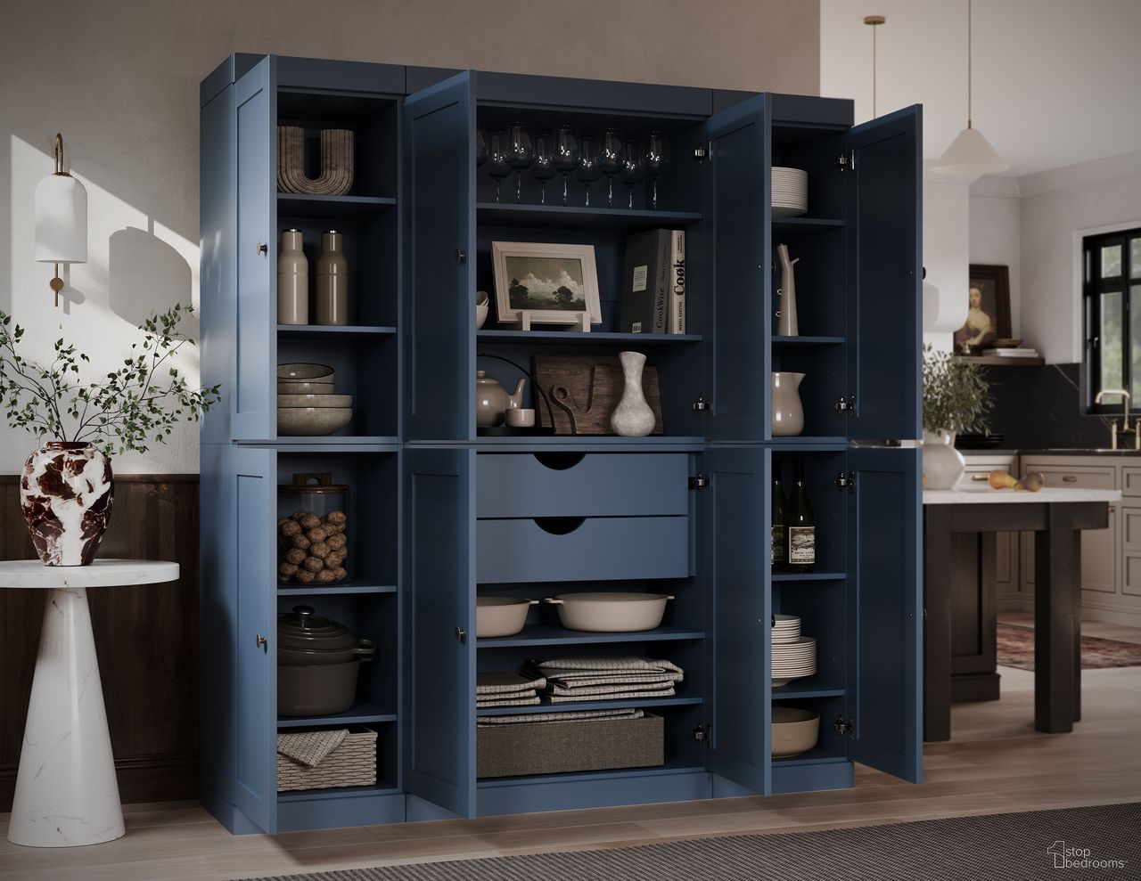 The appearance of Solid Wood 65" Pantry Cabinet With Shaker Doors And 2-Drawers In Antique Blue designed by Palace Imports in the modern / contemporary interior design. This antique blue piece of furniture was selected by 1StopBedrooms from to add a touch of cosiness and style into your home. Sku: 337-16. Material: Solid Pine Wood.