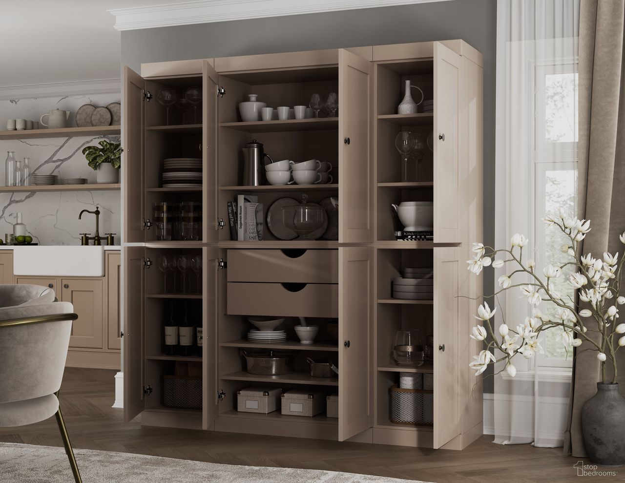 The appearance of Solid Wood 65" Pantry Cabinet With Shaker Doors And 2-Drawers In Beige designed by Palace Imports in the modern / contemporary interior design. This beige piece of furniture was selected by 1StopBedrooms from to add a touch of cosiness and style into your home. Sku: 337-14. Material: Solid Pine Wood.