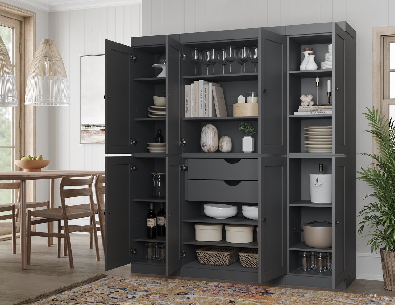 The appearance of Solid Wood 65" Pantry Cabinet With Shaker Doors And 2-Drawers In Gray designed by Palace Imports in the modern / contemporary interior design. This gray piece of furniture  was selected by 1StopBedrooms from  to add a touch of cosiness and style into your home. Sku: 3375. Material: Solid Pine Wood.
