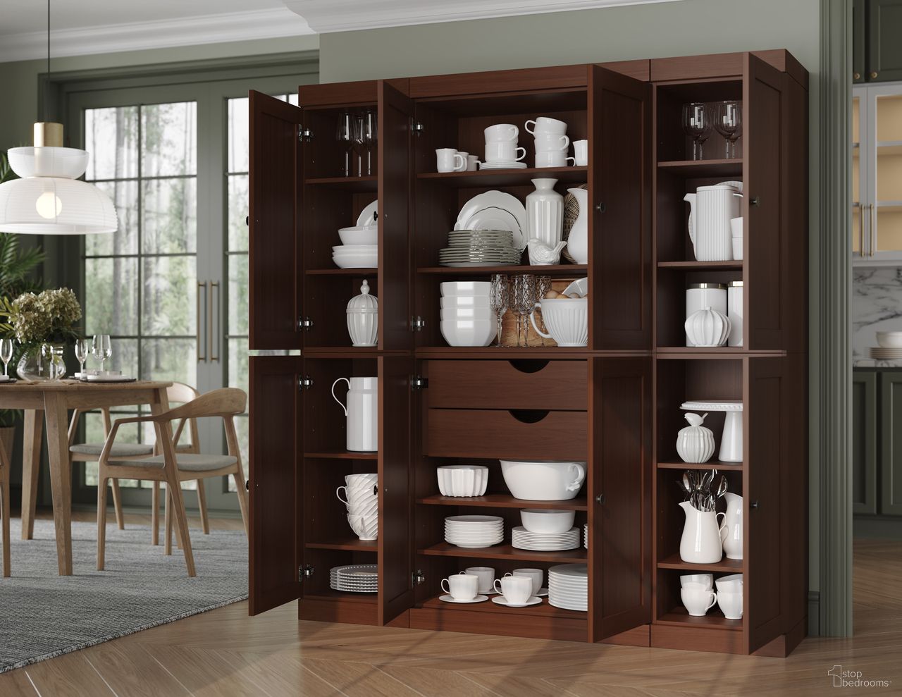 Solid Wood 65" Pantry Cabinet With Shaker Doors And 2-Drawers In Mocha