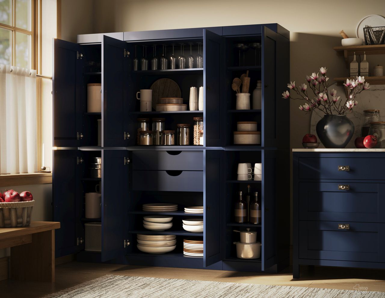 Solid Wood 65" Pantry Cabinet With Shaker Doors And 2-Drawers In Navy Blue