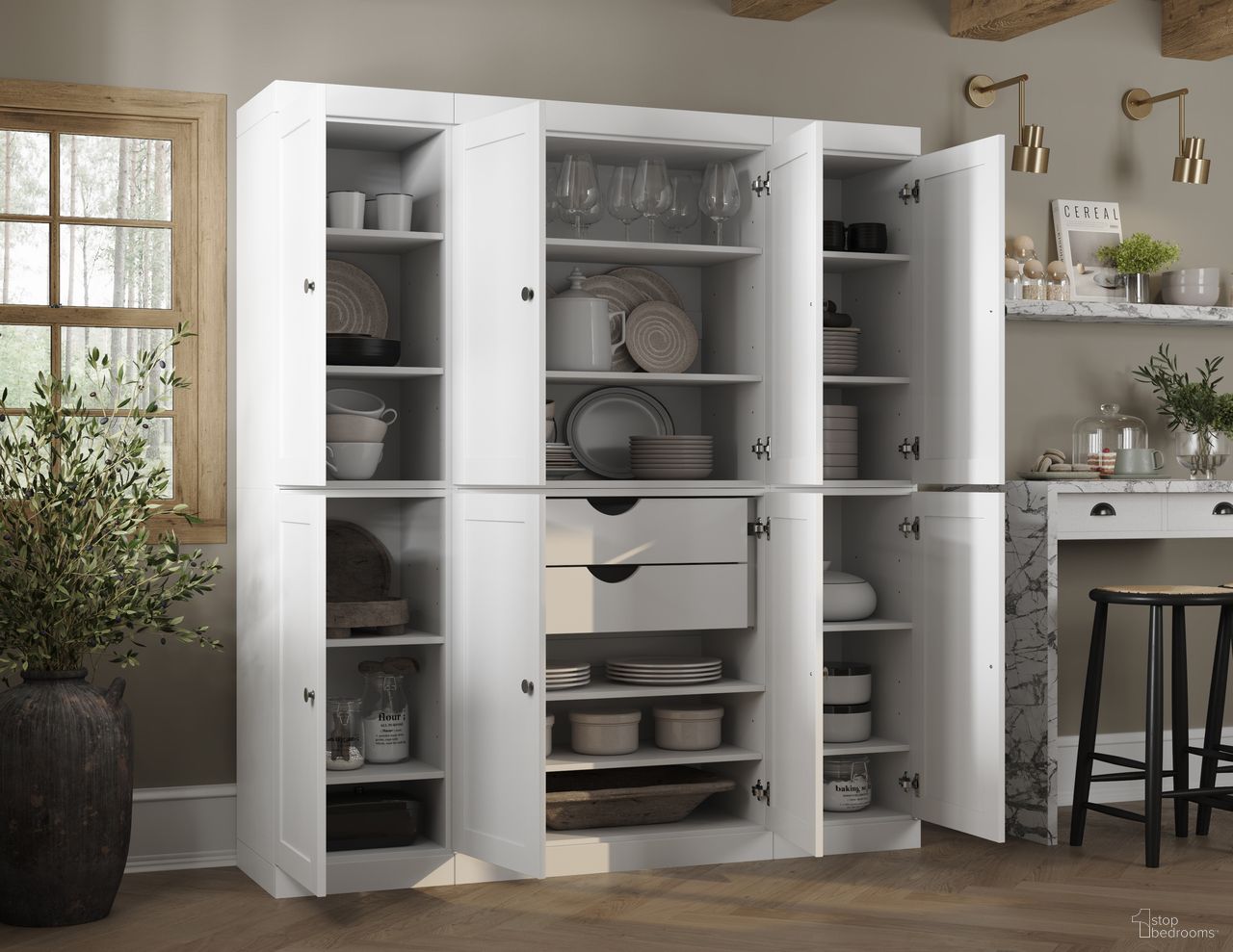 The appearance of Solid Wood 65" Pantry Cabinet With Shaker Doors And 2-Drawers In White designed by Palace Imports in the modern / contemporary interior design. This white piece of furniture was selected by 1StopBedrooms from to add a touch of cosiness and style into your home. Sku: 3371. Material: Solid Pine Wood.