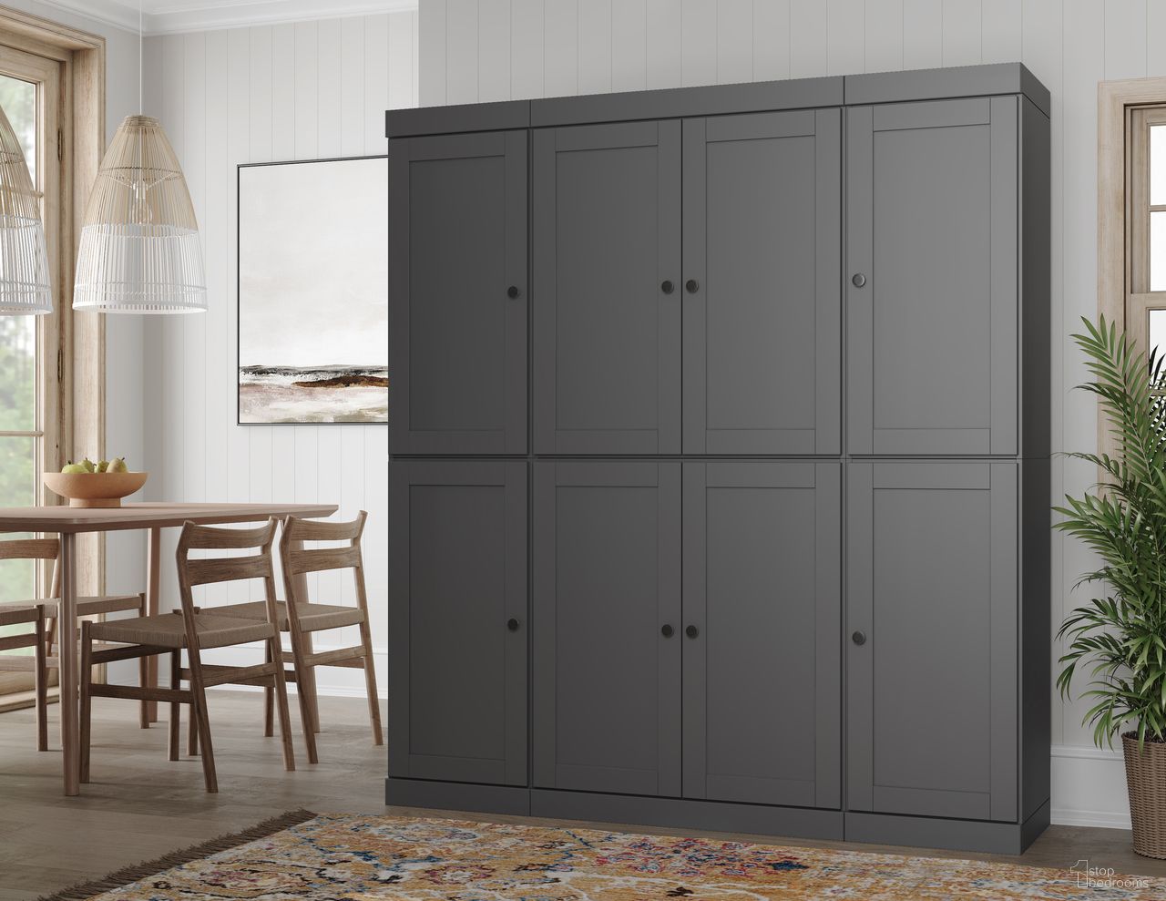 The appearance of Solid Wood 65" Pantry Cabinet With Shaker Doors And Adjustable Shelves In Gray designed by Palace Imports in the modern / contemporary interior design. This gray piece of furniture  was selected by 1StopBedrooms from  to add a touch of cosiness and style into your home. Sku: 3355. Material: Solid Pine Wood.