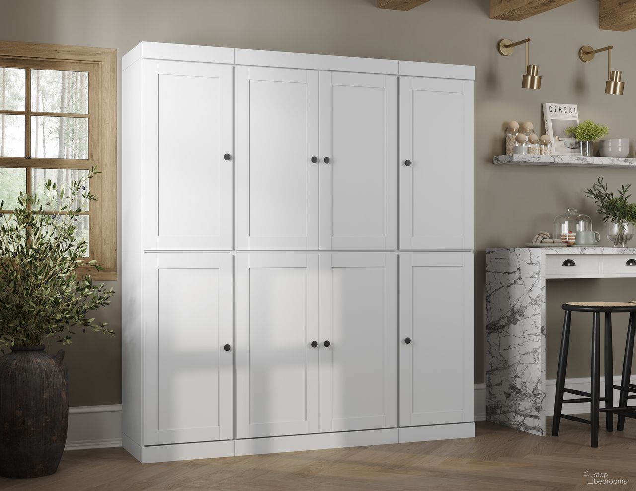 The appearance of Solid Wood 65" Pantry Cabinet With Shaker Doors And Adjustable Shelves In White designed by Palace Imports in the modern / contemporary interior design. This white piece of furniture was selected by 1StopBedrooms from to add a touch of cosiness and style into your home. Sku: 3351. Material: Solid Pine Wood.