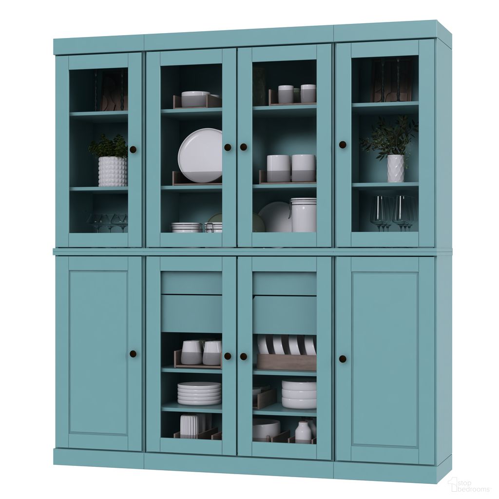 The appearance of Solid Wood 65" Pantry China Cabinet With Clear Glass Doors And 2-Drawers In Aqua designed by Palace Imports in the modern / contemporary interior design. This aqua piece of furniture  was selected by 1StopBedrooms from  to add a touch of cosiness and style into your home. Sku: 960-11. Material: Solid Pine Wood.