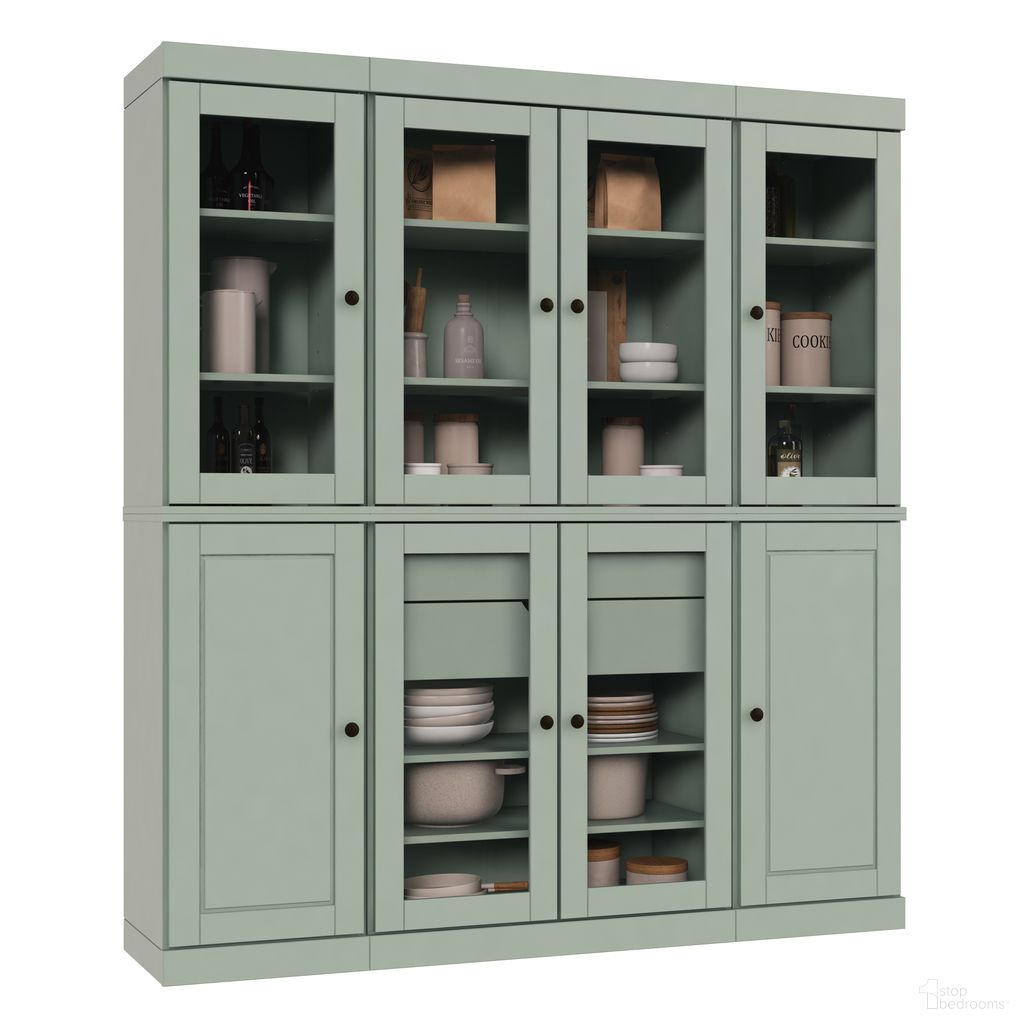 Solid Wood 65" Pantry China Cabinet With Clear Glass Doors And 2-Drawers In Sage