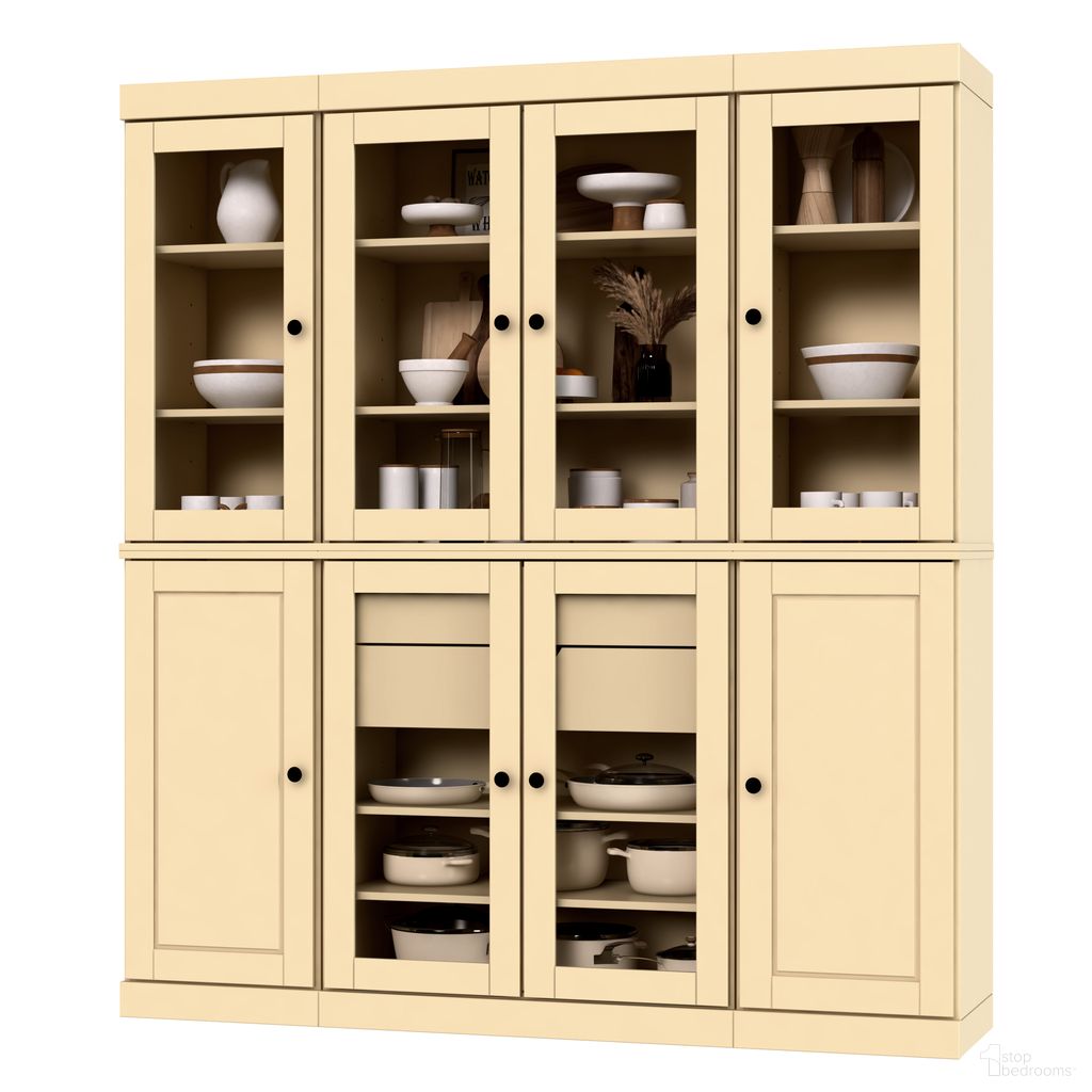 Solid Wood 65" Pantry China Cabinet With Clear Glass Doors And 2-Drawers In Yellow