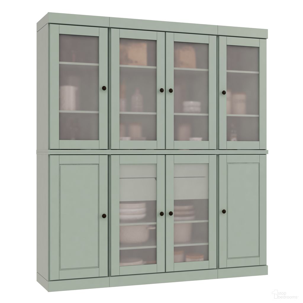 Solid Wood 65" Pantry China Cabinet With Frosted Glass Doors And 2-Drawers In Sage
