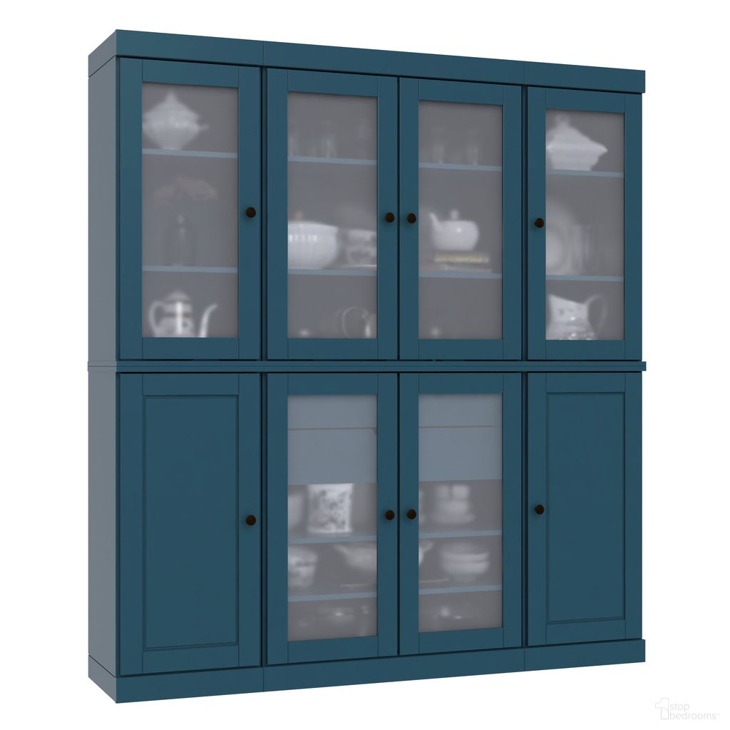 Solid Wood 65" Pantry China Cabinet With Frosted Glass Doors And 2-Drawers In Teal Blue