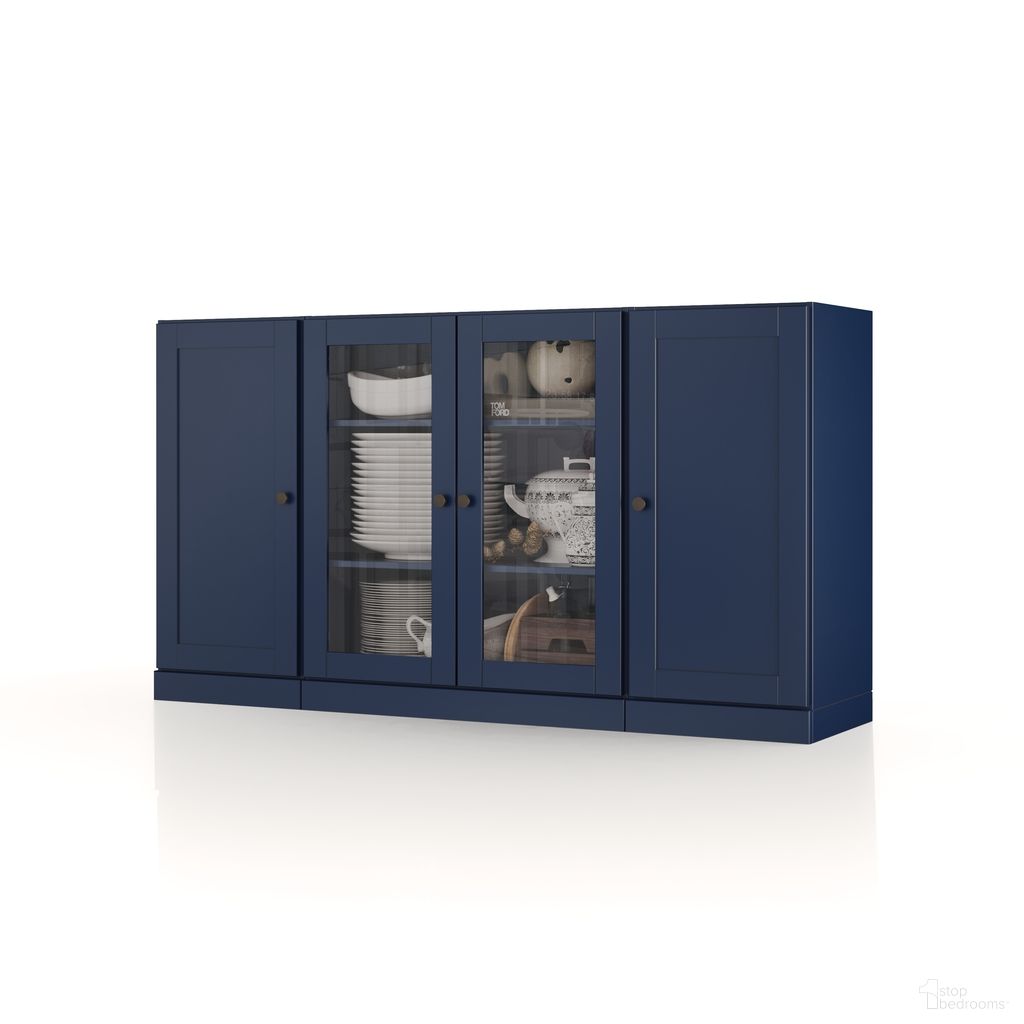 The appearance of Solid Wood 65" Sideboard With Clear Glass And Shaker Doors In Navy Blue designed by Palace Imports in the modern / contemporary interior design. This navy blue piece of furniture  was selected by 1StopBedrooms from  to add a touch of cosiness and style into your home. Sku: 355-15. Material: Solid Pine Wood.