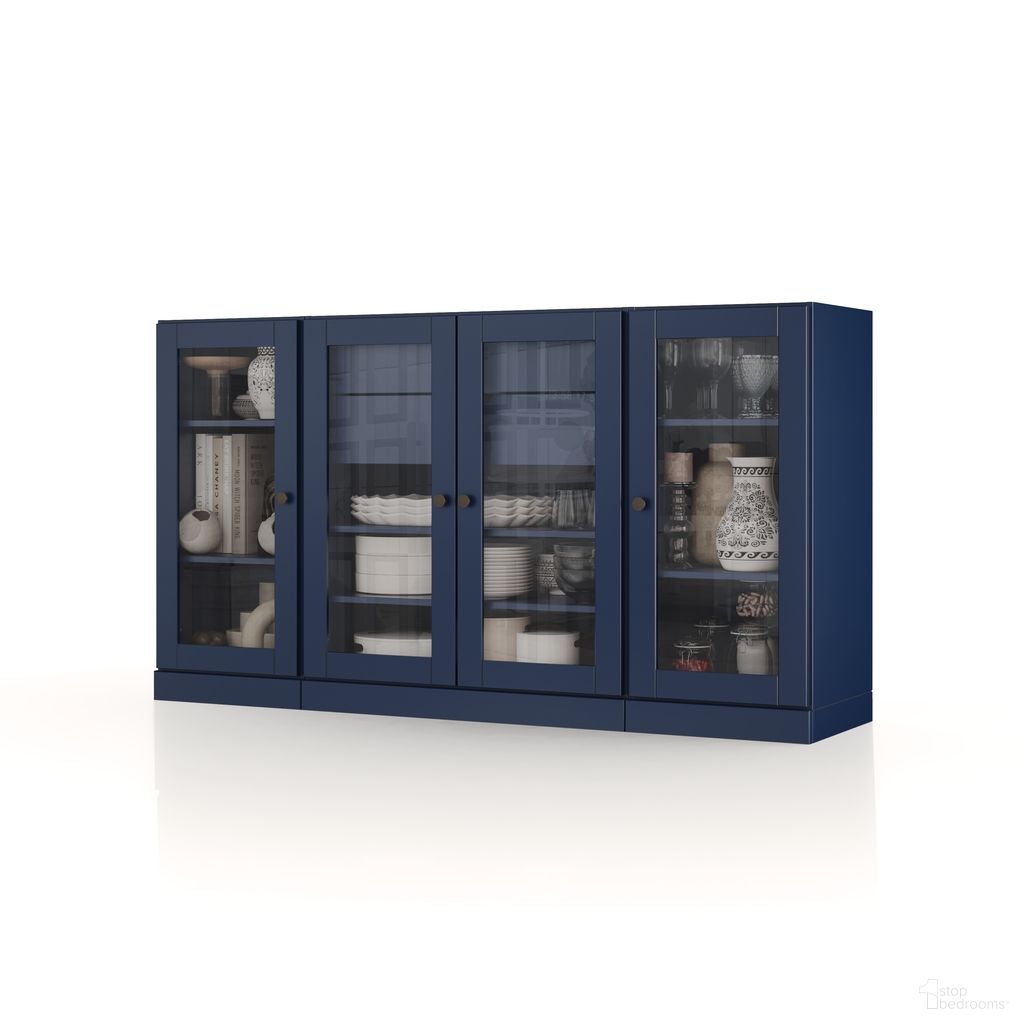 The appearance of Solid Wood 65" Sideboard With Clear Glass Doors And 2-Drawers In Navy Blue designed by Palace Imports in the modern / contemporary interior design. This navy blue piece of furniture was selected by 1StopBedrooms from to add a touch of cosiness and style into your home. Sku: 934-15. Material: Solid Pine Wood.