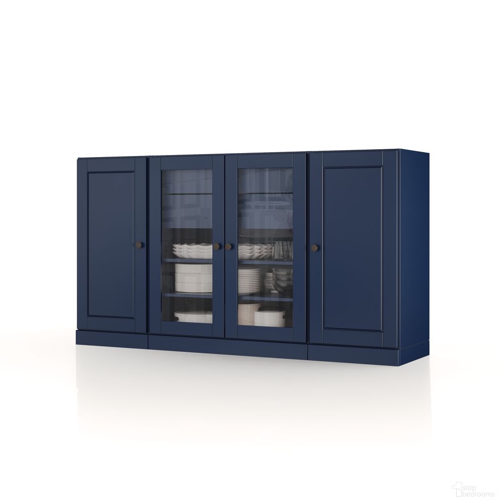 Solid Wood 65" Sideboard With Clear Glass Doors And 2-Drawers In Navy Blue