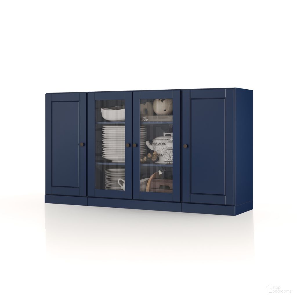 Solid Wood 65" Sideboard With Clear Glass Doors And Adjustable Shelves In Navy Blue