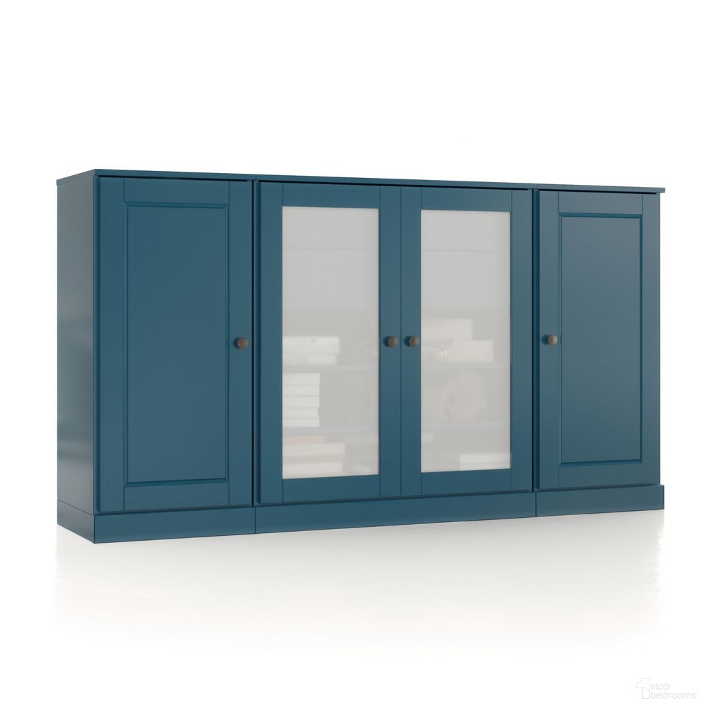 Solid Wood 65" Sideboard With Frosted Glass Doors And 2-Drawers In Teal Blue