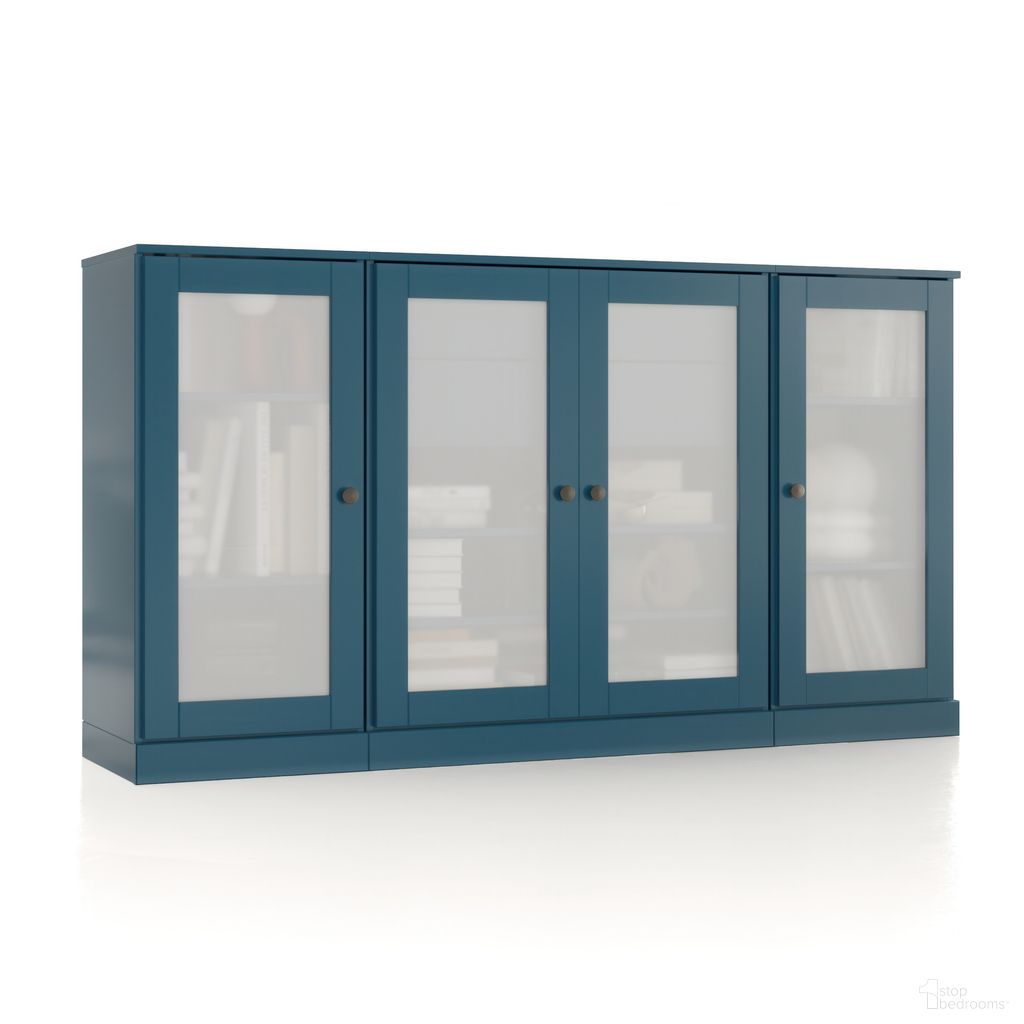 Solid Wood 65" Sideboard With Frosted Glass Doors And 2-Drawers In Teal Blue