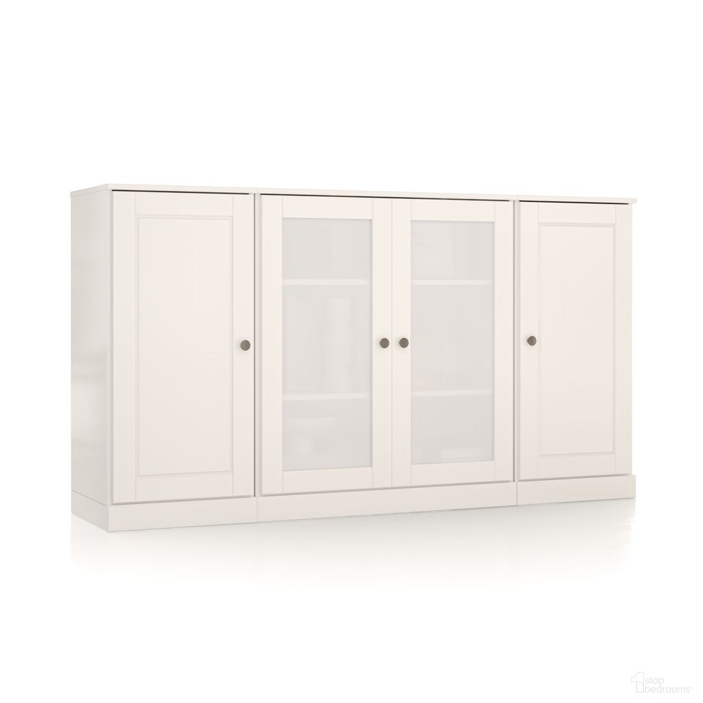 Solid Wood 65" Sideboard With Raised Panel And Frosted Glass Doors In White