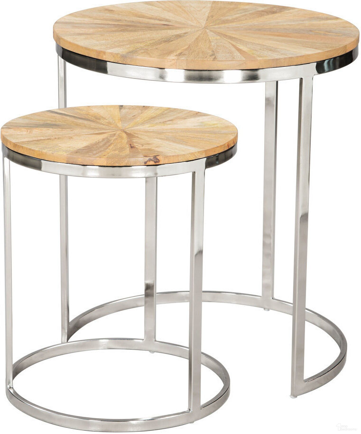 The appearance of Solid Wood and Iron Round Frame Nested Tables Set of 2 In Natural and Silver designed by Homeroots in the modern / contemporary interior design. This natural and silver piece of furniture  was selected by 1StopBedrooms from  to add a touch of cosiness and style into your home. Sku: 576792. Material: Wood.