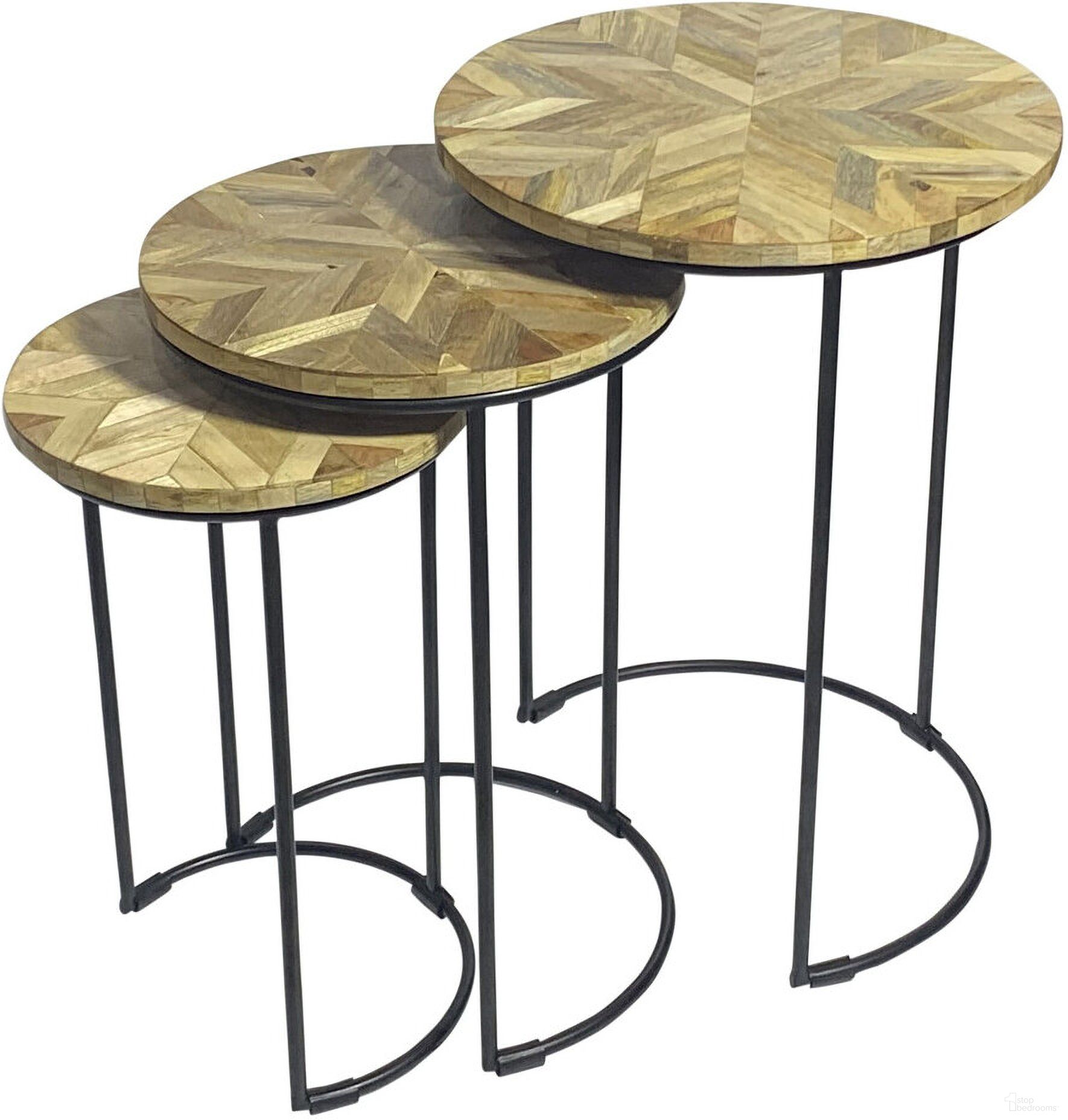 Solid Wood and Metal Round Frame Nested Tables Set of 2 In Black and Natural