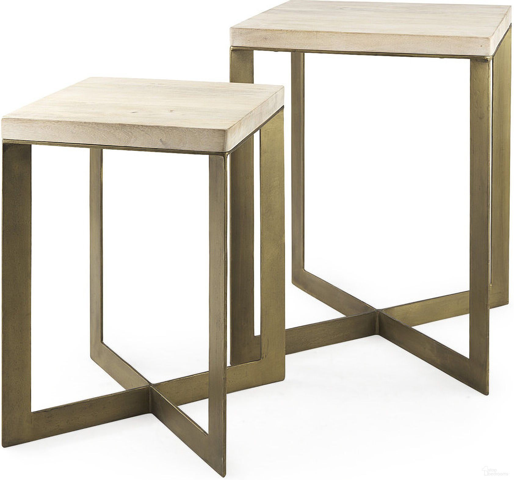 Solid Wood and Metal Square Cross Legs Nested Tables Set of 2 In Natural and Gold
