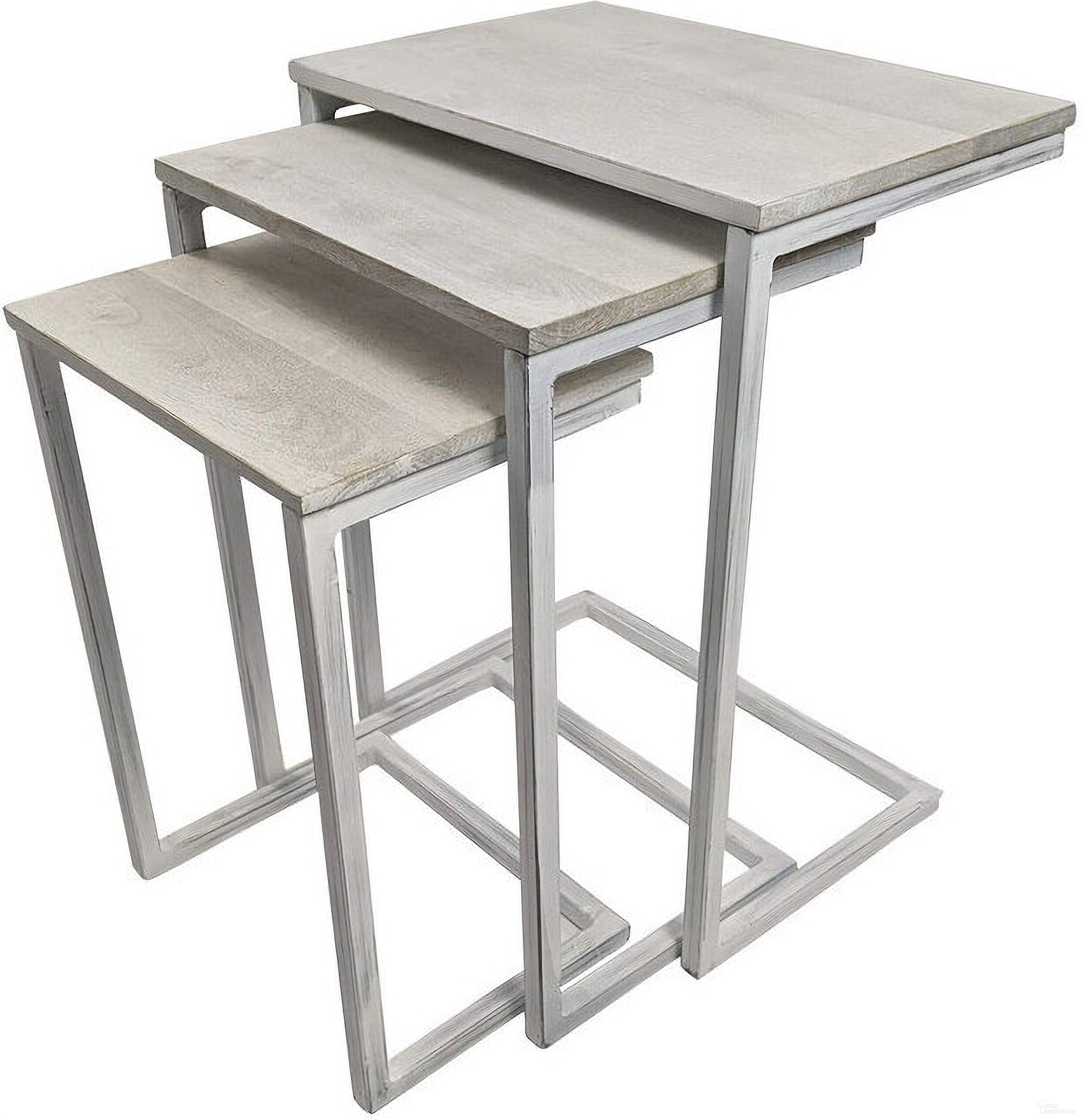The appearance of Solid Wood and Steel Frame Nested Tables Set of 3 In Antiqued White designed by Homeroots in the rustic / southwestern interior design. This antiqued white piece of furniture  was selected by 1StopBedrooms from  to add a touch of cosiness and style into your home. Sku: 632728. Material: Wood.