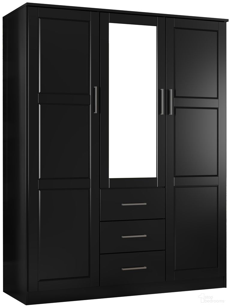 The appearance of Cosmo 3-Door Wardrobe with Mirrored Door In Black designed by Palace Imports in the modern / contemporary interior design. This black piece of furniture was selected by 1StopBedrooms from Cosmo Collection to add a touch of cosiness and style into your home. Sku: 7117M. Material: Solid Pine Wood.